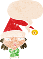 desenho animado menina vestindo Natal chapéu com discurso bolha dentro grunge angustiado retro texturizado estilo png