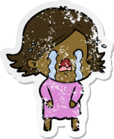 distressed sticker of a cartoon woman crying png