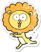 autocollant en détresse d'un lion de dessin animé heureux png