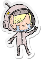 distressed sticker of a cartoon crying astronaut girl png