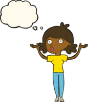 cartoon woman throwing arms in air with thought bubble png