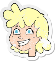 retro distressed sticker of a cartoon female face png