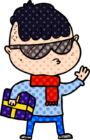 cartoon boy wearing sunglasses carrying xmas gift png