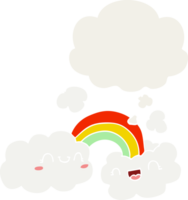 feliz desenho animado nuvens e arco Iris com pensamento bolha dentro retro estilo png