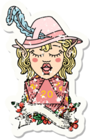 grunge sticker of a elf bard with natural twenty dice roll png