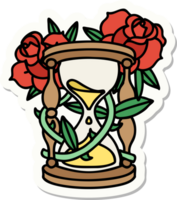 sticker van tatoeëren in traditioneel stijl van een uur glas en bloemen png