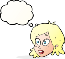 rosto feminino de desenho animado com expressão de surpresa com balão de pensamento png