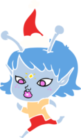 pretty hand drawn flat color illustration of a alien girl running wearing santa hat png