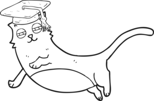 hand drawn black and white cartoon cat with graduate cap png