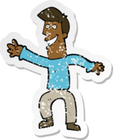 retro distressed sticker of a cartoon happy man dancing png