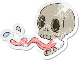 distressed sticker of a quirky hand drawn cartoon skull with tongue png