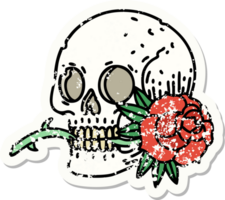 Distressed Sticker Tattoo im traditionellen Stil eines Totenkopfes und einer Rose png