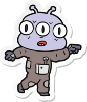 sticker of a cartoon three eyed alien pointing png