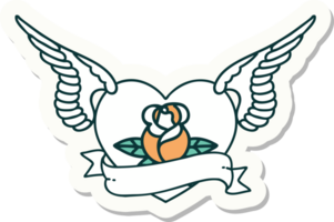 sticker of tattoo in traditional style of a flying heart with flowers and banner png