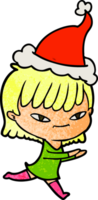 main tiré texturé dessin animé de une femme portant Père Noël chapeau png