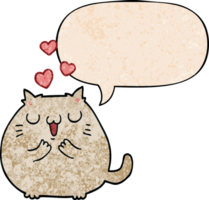 linda dibujos animados gato en amor con habla burbuja en retro textura estilo png