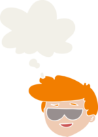 cartoon boy wearing sunglasses with thought bubble in retro style png