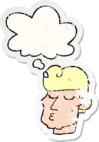 cartoon handsome man with thought bubble as a distressed worn sticker png