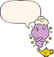 cute cartoon genie rising out of lamp with speech bubble in comic book style png