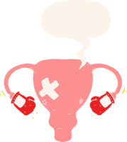 cartoon beat up uterus with boxing gloves with speech bubble in retro style png