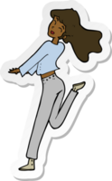 sticker of a cartoon happy girl kicking out leg png