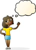 cartoon woman waving  with thought bubble png