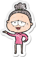 distressed sticker of a cartoon happy old lady png