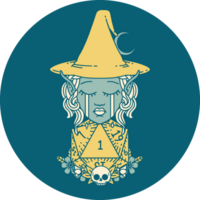 Retro Tattoo Style crying elf witch with natural one D20 roll png