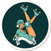 sticker of tattoo in traditional style of a pinup roller derby girl with banner png