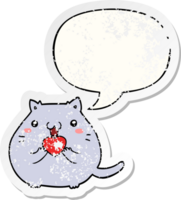 mignonne dessin animé chat dans l'amour avec discours bulle affligé affligé vieux autocollant png