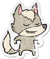 distressed sticker of a friendly cartoon wolf png