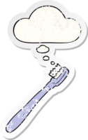 cartoon toothbrush with thought bubble as a distressed worn sticker png