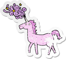 retro distressed sticker of a cartoon magical unicorn png