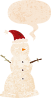 cartoon snowman with speech bubble in grunge distressed retro textured style png