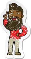 retro distressed sticker of a cartoon happy bearded man with idea png