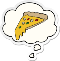 tekenfilm pizza plak met gedachte bubbel net zo een gedrukt sticker png