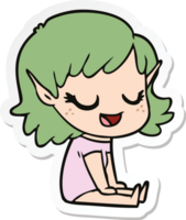 sticker of a happy cartoon elf girl sitting on floor png