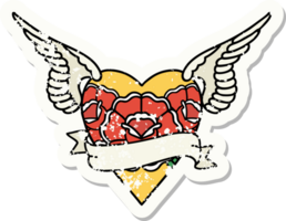 distressed sticker tattoo in traditional style of heart with wings flowers and banner png