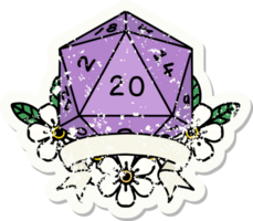 adesivo grunge de uma jogada de dados d20 de 20 acertos críticos naturais png