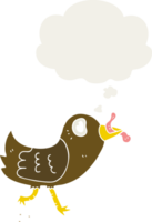 cartoon bird with worm with thought bubble in retro style png