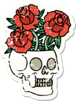 distressed sticker tattoo in traditional style of a skull and roses png