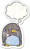 cartoon penguin with thought bubble as a distressed worn sticker png