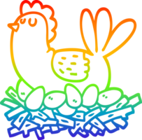 rainbow gradient line drawing of a cartoon chicken on nest of eggs png