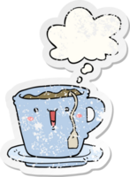 mignonne dessin animé tasse et soucoupe avec pensée bulle comme une affligé usé autocollant png