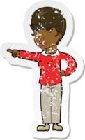 retro distressed sticker of a cartoon woman pointing finger of blame png