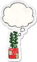 cartoon plant with thought bubble as a distressed worn sticker png