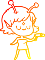 warm gradient line drawing of a cartoon alien girl with ray gun png