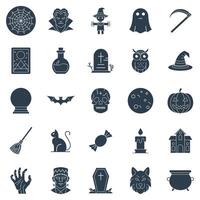 Víspera de Todos los Santos y atributos íconos colocar, incluido íconos como calabaza, bruja, vampiro, esqueleto y más símbolos recopilación, logo aislado ilustración vector