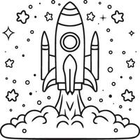 Space rocket in the sky with stars and clouds illustration. Rocket coloring pages. vector