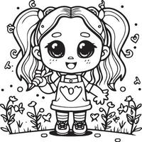 Kawaii girl cartoon coloring pages illustration vector